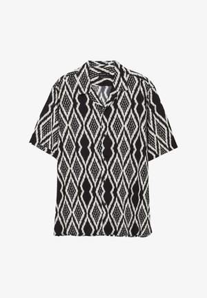 Chemise à manches courtes avec boutons, en noir et blanc, dotée d'un motif en losange ; fabriquée en tissu léger avec une coupe décontractée et un col.
