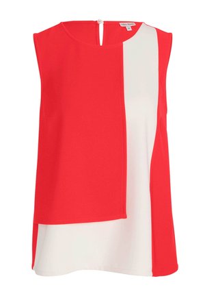 Ärmelloses Oberteil mit einer auffälligen roten Vorderseite und weißen Seiten, hergestellt aus weichem Stoff. Schlüsselaugenverschluss im Rücken mit rundem Ausschnitt.