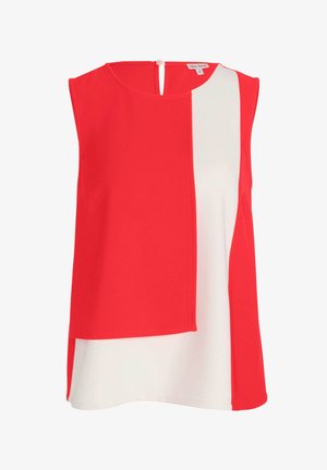 Sleeveless top featuring a bold red front and white side, made from soft fabric. Keyhole back closure with a rounded neckline.