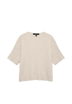 Helebeež värvi lühikeste varrukatega kampsun, millel on sügav V-kaelus, palmiku mustriga kudum ja soonikserv. Pehme materjal ja lõdvestunud lõige.