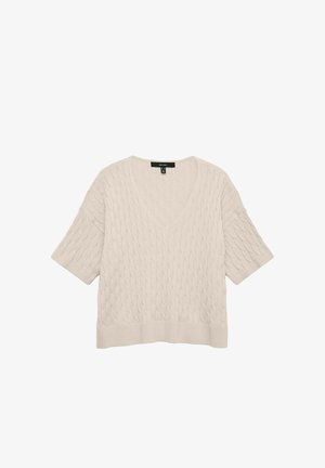 Helebeež värvi lühikeste varrukatega kampsun, millel on sügav V-kaelus, palmiku mustriga kudum ja soonikserv. Pehme materjal ja lõdvestunud lõige.