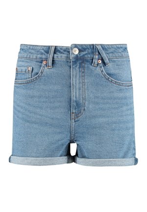 Short en denim bleu avec revers roulés, bouton et fermeture éclair à l'avant, passants de ceinture, et deux poches avant.