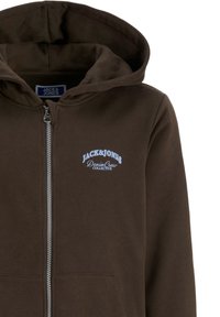 Brauner Reißverschluss-Hoodie aus weichem Stoff, mit einem blauen Logo auf der Vorderseite, einem mittig angebrachten Reißverschluss und zwei Vordertaschen. Mit Kapuze.