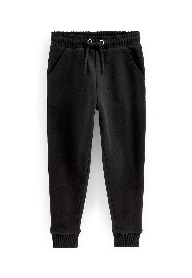 Schwarze Jogginghosen aus weichem Stoff, ausgestattet mit einem elastischen Bund mit Kordelzug, seitlichen Taschen und Rippbündchen an den Knöcheln.