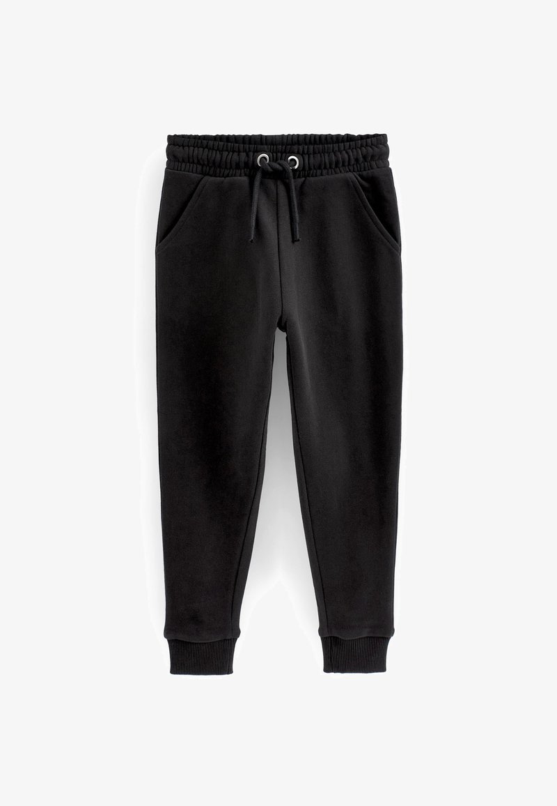 Zwarte joggers gemaakt van zachte stof, met een elastische tailleband met trekkoord, zijzakken en geribbelde boorden bij de enkels.