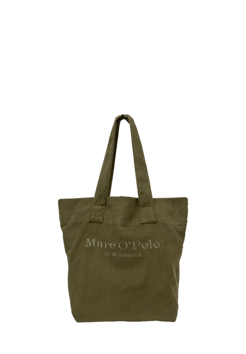 Olijfgroen corduroy schoudertas met twee korte handvatten en een geperst "Marc O'Polo" logo op de voorkant; textuurdetail op het oppervlak.