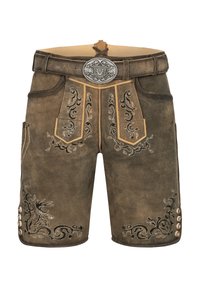 Bruna lädershorts med invecklad mörk broderi och blommotiver, med ett bälte med en silverspänne och dekorativa knappar på sidan.