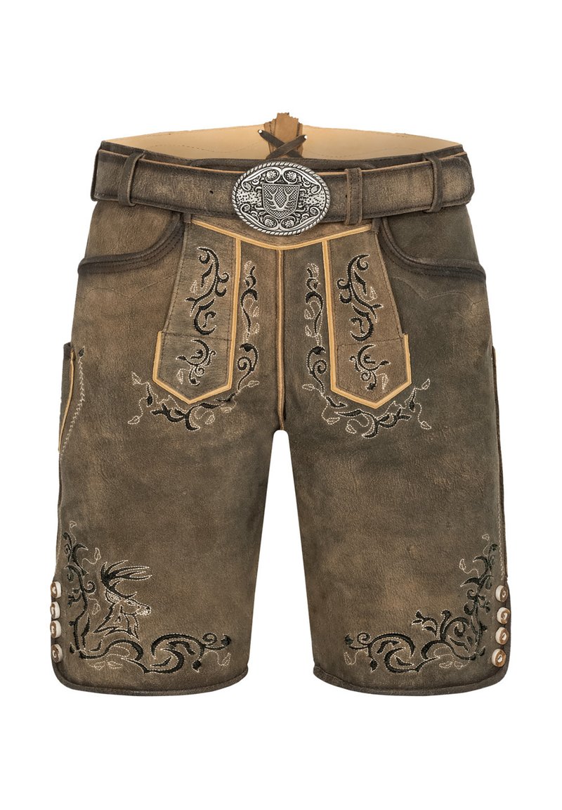 Bruna lädershorts med invecklad mörk broderi och blommotiver, med ett bälte med en silverspänne och dekorativa knappar på sidan.