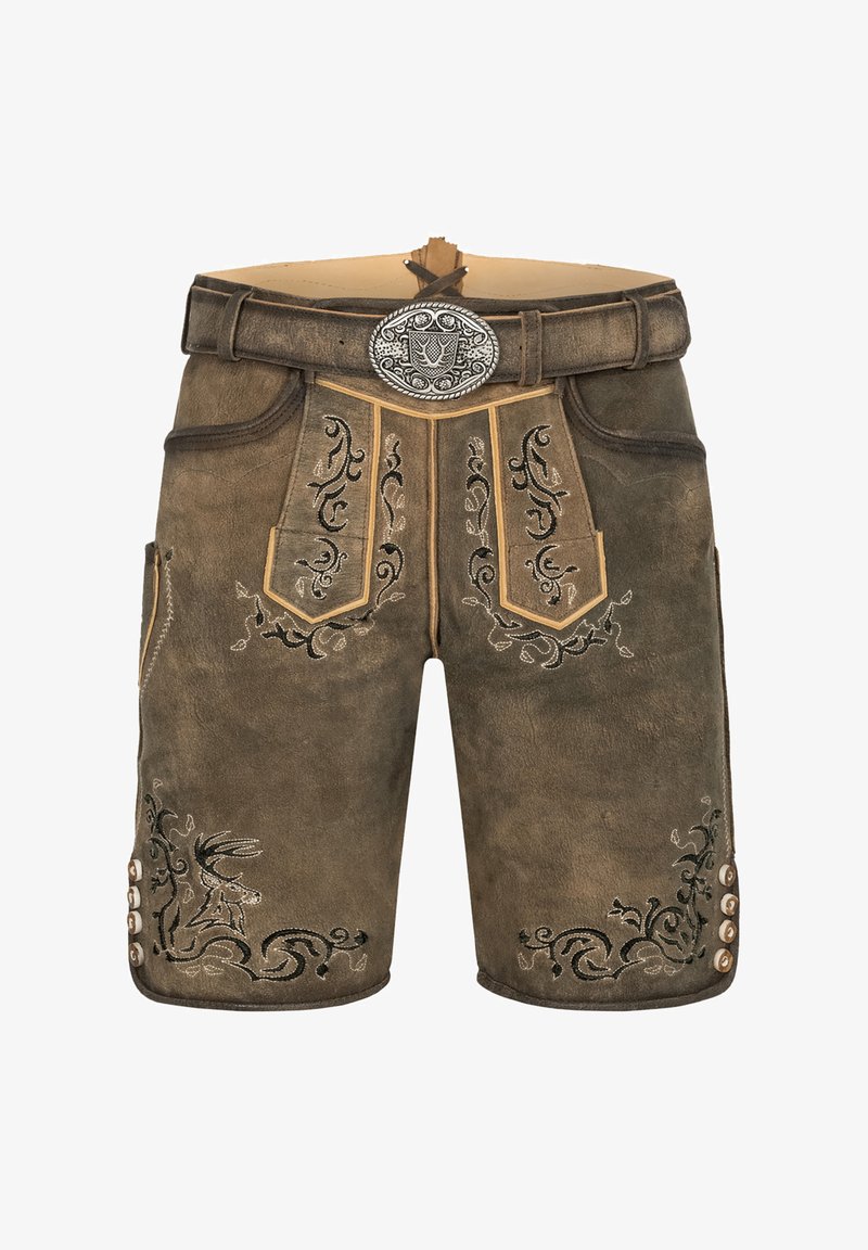 Pantaloni corti in pelle marrone con intricate ricami scuri e motivi floreali, dotati di una cintura con fibbia argentata e bottoni decorativi sul lato.