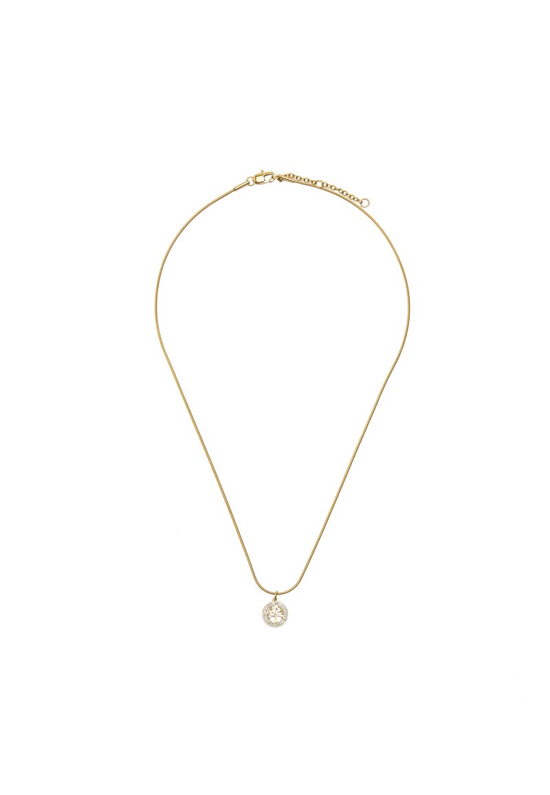 Złoty naszyjnik z cienką łańcuszkiem i okrągłym wisiorkiem o misternym wzorze z wycięciami. Gładka tekstura, minimalistyczny design.