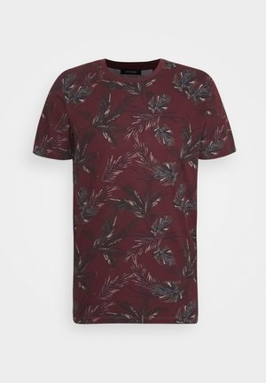 T-shirt bordeaux a maniche corte con motivo di foglie tropicali nere e beige e scollo rotondo.