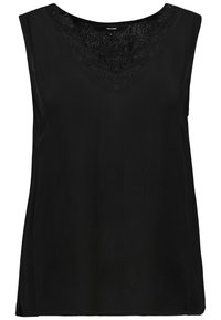 Haut noir sans manches avec un col en V et des détails en dentelle autour du cou. Fabriqué en tissu léger, offrant une texture douce et lisse.