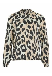 Blouse à manches longues en tissu doux avec un imprimé léopard, présentant un col froncé et des poignets élastiques, dans une palette de couleurs beige et noir.