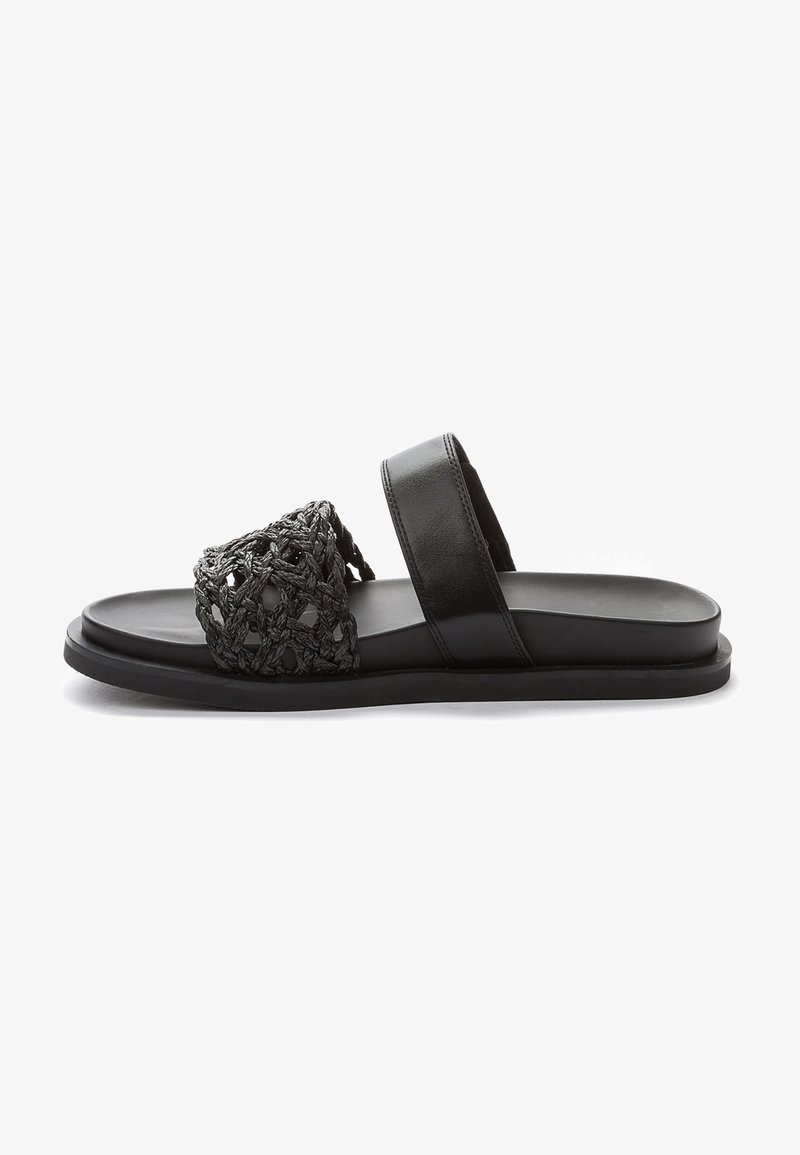 Schwarze Rutschsandalen mit einem gewebten Textil-Obermaterial im geflochtenen Design sowie einem glatten schwarzen Lederriemen und -sohle.