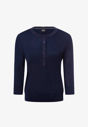 Navy blue women's sweater with round neck, five front buttons, three-quarter sleeves, and ribbed cuffs and hem.