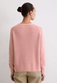 Lichtroze gebreide trui met een gestructureerd patroon, lange mouwen en een ronde halslijn, gestyled met kaki broeken. Geen opvallende accenten.