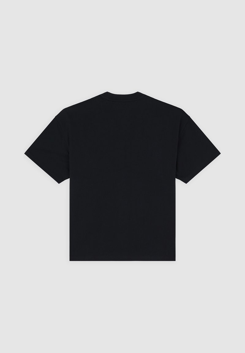 Black cotton T-shirt with short sleeves, crew neck, and straight hem. Back view displays a smooth, unadorned texture.
