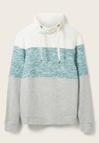 Felpa con cappuccio caratterizzata da una parte superiore bianca, una fascia centrale a motivo teal e una parte inferiore grigia. Include lacci e polsini a costine.
