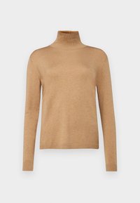 Pull à col roulé beige, fabriqué en tissu tricoté doux. Il présente des manches longues, un col ajusté, ainsi que des bords côtelés pour une silhouette élégante.