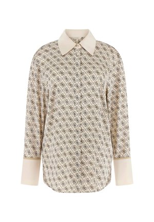 Camicia a bottoni a fantasia con motivi a rombi, colore crema, colletto classico e maniche lunghe con polsini contrastanti. Tessuto morbido.