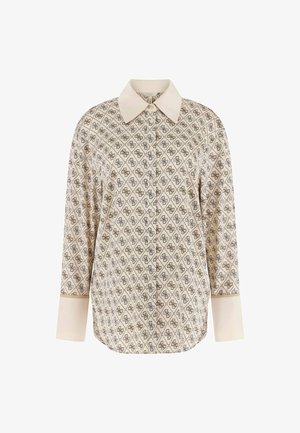 Patterned button-up shirt with diamond motifs, cream color, classic collar, and long sleeves with contrasting cuffs. Soft fabric texture.