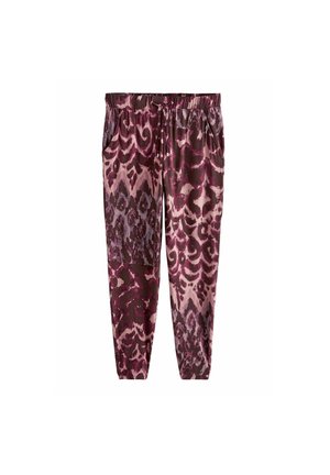 Pantaloni jogger con motivo astratto color marrone scuro e rosa, con cintura elastica e tasche laterali, posati su uno sfondo bianco.