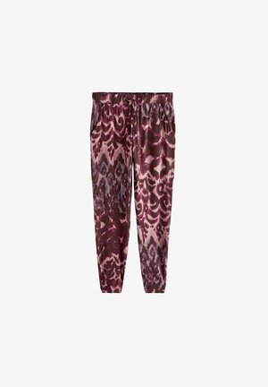Pantalon de jogging à motifs abstraits bordeaux et roses, avec taille élastique et poches latérales, posé à plat sur un fond blanc.