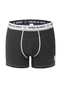 Boxers noirs en tissu doux avec une ceinture grise arborant la marque "SERGE BLANCO" et des accents de couture blanche.