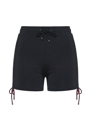 Musta joustava vyötäröshortsit, joissa säädettävät nyörit vyötäröllä ja sivuilla, sileä kangas ja metalliset nauhanpäät.