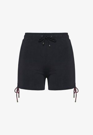 Schwarze Shorts mit elastischem Bund, verstellbaren Kordelzügen an Taille und Seiten, glattem Stoff und Metallenden an den Kordeln.