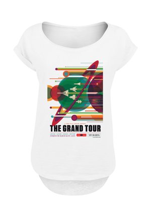 White shirt featuring colorful retro-style planets with rings and spaceships, text "The Grand Tour" and space travel details.