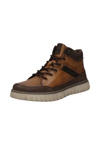 Bruine leren enkelsneaker met donkerbruine accenten, dikke witte zool en "bugatti"-logo op de zijpaneel en de tong.
