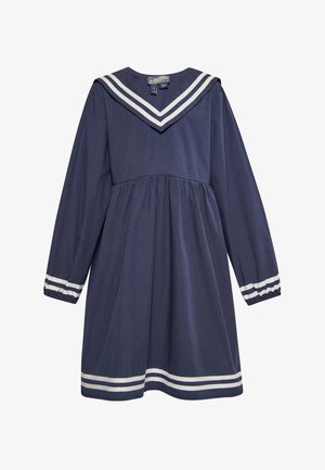 Sötétkék pamutruha hosszú ujjakkal, tengerész gallérral és fehér csíkozással a galléron és az ujjakon. Trapéz szoknyás kialakítás.