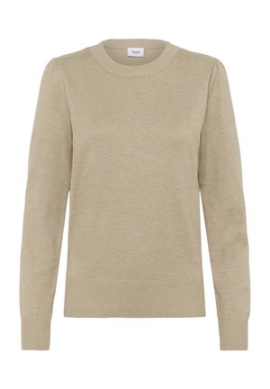 Pull en tricot beige à manches longues, col rond, avec des poignets et un ourlet côtelés, doté d'une texture douce et d'un design minimaliste.