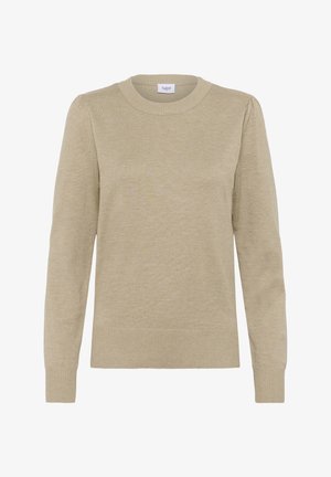 Beige kötött pulóver hosszú ujjal, kerek nyakkivágással, bordázott mandzsettával és szegéllyel, amely puha textúrával és minimalista dizájnnal rendelkezik.