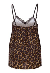 Leopardenmuster-Camisole mit dünnen Spaghettiträgern, Spitzenbesatz entlang des Ausschnitts und einer weichen, fließenden Stoffstruktur. Braune und beige Farbgebung.