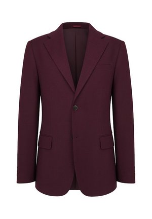 Bordowa marynarka z wycięciem na klapę, zapinana na jeden guzik, z dwoma przednimi kieszeniami oraz teksturowanym wykończeniem materiału, o dopasowanym kroju.