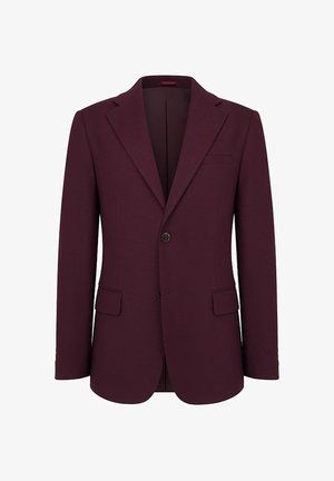 Bordowa marynarka z wycięciem na klapę, zapinana na jeden guzik, z dwoma przednimi kieszeniami oraz teksturowanym wykończeniem materiału, o dopasowanym kroju.