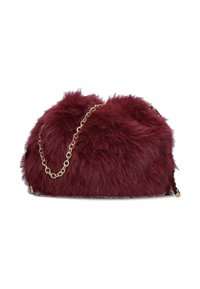 Burgundy faux fur clutch with a gold chain strap, rounded shape, plush texture, and subtle sheen; features a zip closure.