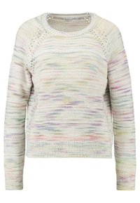Mehrfarbiger Strickpullover mit Rundhalsausschnitt und langen Ärmeln. Hat ein strukturiertes Muster und leichte Transparenz an den Schulternähten.