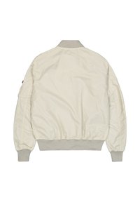 Blouson aviateur beige clair en tissu lisse, doté d'un col et de poignets côtelés, avec des poches latérales et un design simple.