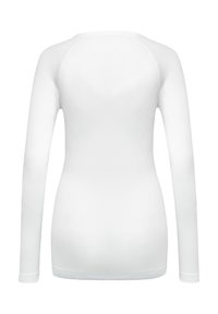 Langärmliges weißes Hemd aus glattem Stoff mit tailliertem Design. Hat einen runden Halsausschnitt und gerippte Bündchen ohne grafische Details.