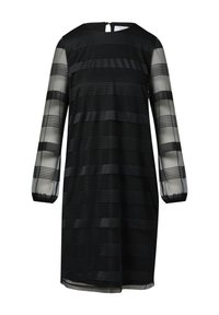 Schwarzes Kleid mit transparenten langen Ärmeln und horizontal gestreifter Textur. Schlüsselrückenverschluss und lässige Passform mit gerafften Manschetten.