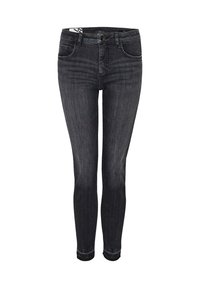 Jeans in denim neri slim-fit a vita alta con un design classico, dotati di tasche anteriori e orlo pulito. Dettaglio di sfumature leggere sul tessuto.