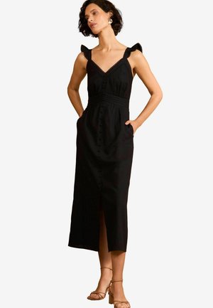 Schwarzes Leinenkleid mit tailliertem Oberteil, ausgestellt Rock und Knopfdetails. Verfügt über dekorative Rüscheträger und Seitentaschen.