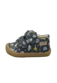 Scarpe per bambini con una fantasia grigio scuro caratterizzata da dinosauri colorati. Progettate con due strap in Velcro e una suola in gomma per una buona aderenza.