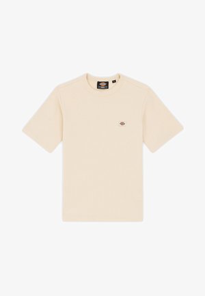 T-shirt in cotone color crema con maniche corte, trama a coste e una piccola etichetta logo sul petto sinistro. Design classico con scollo a girocollo.