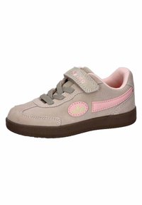 Light gray suede sneaker with pink accents, featuring a Velcro strap, round toe, and textured brown rubber sole. Circular logo detail on side.