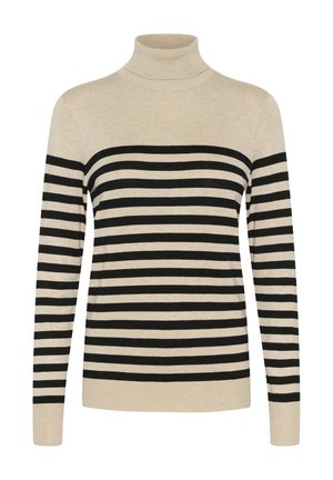 Suéter de cuello alto beige con rayas horizontales negras. Hecho de una tela suave, tiene mangas largas y una silueta ajustada.
