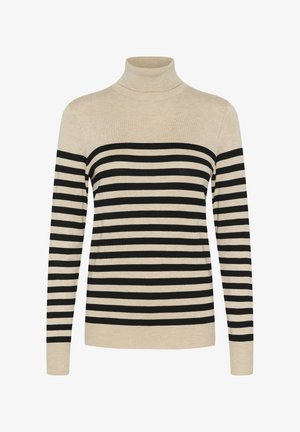 Bež turtleneck pulover z vodoravnimi črnimi črtami. Narejen iz mehke tkanine, ima dolge rokave in prilegajočo silhueto.